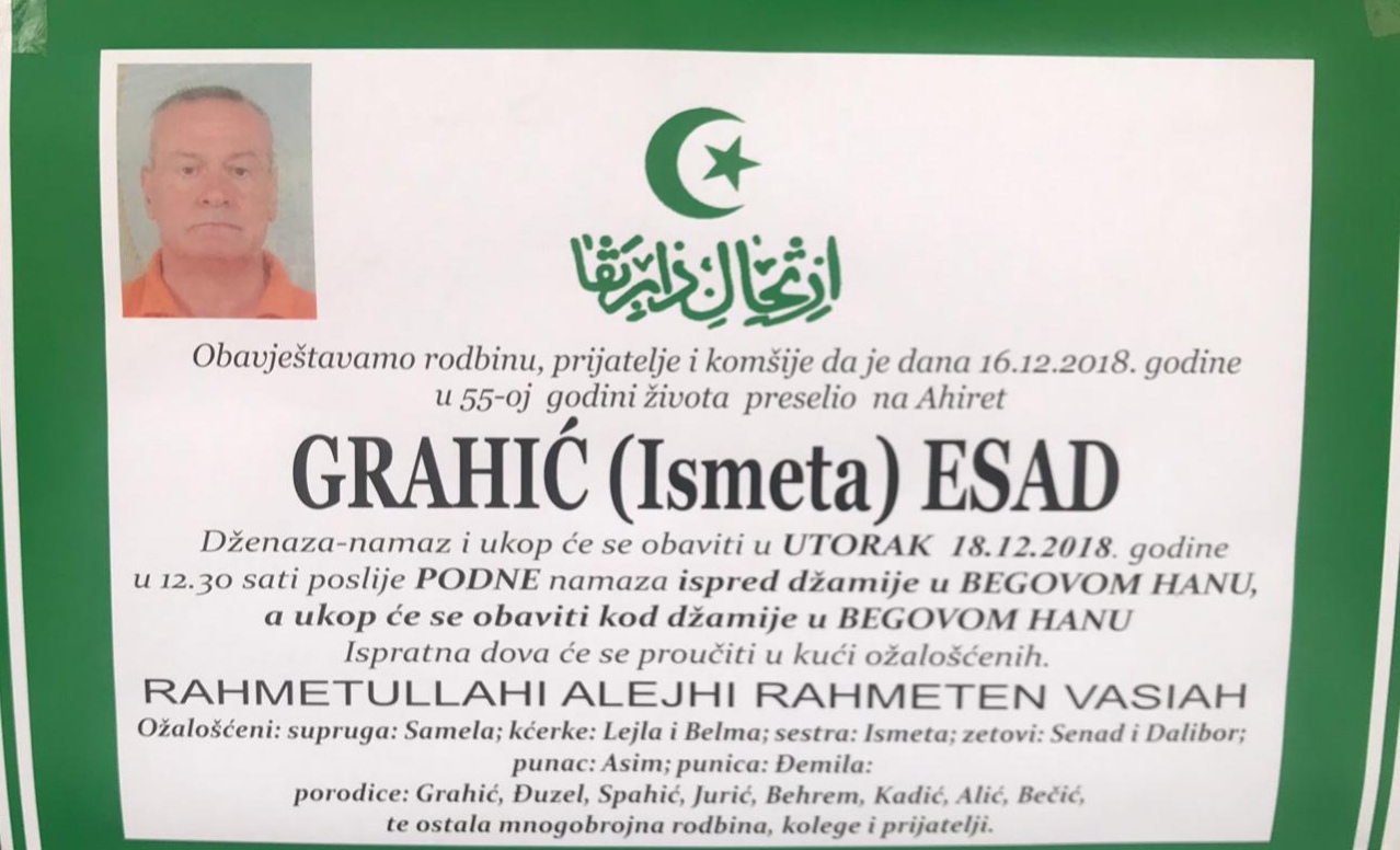 TUŽNA VIJEST- NAPUSTIO NAS JE NAŠ PRIJATELJ I RADNI KOLEGA ESAD GRAHIĆ