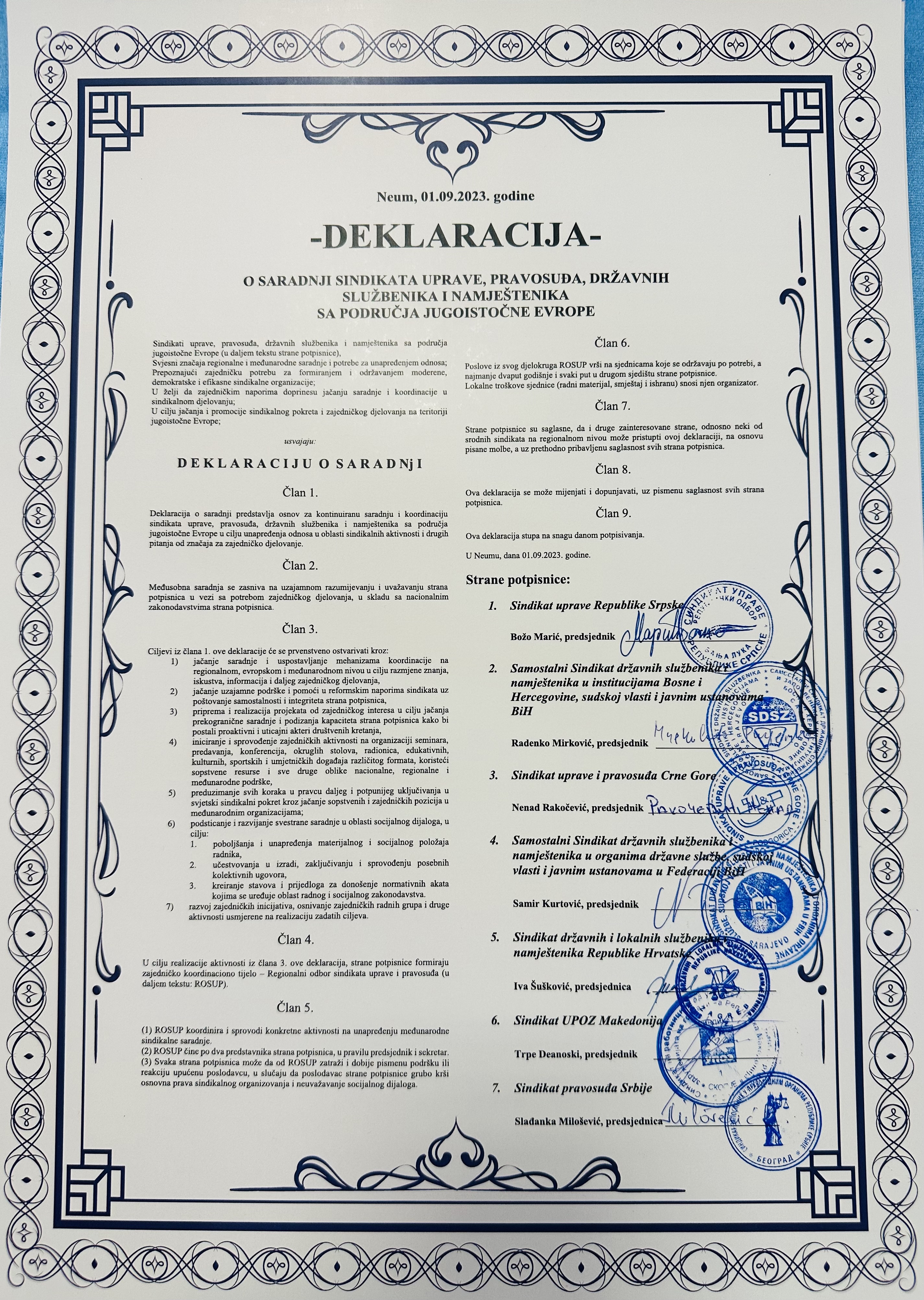 Potpisana Deklaracija ROSUP A
